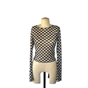 I AM GIA Nightrider Checkered Mesh Long Sleeve Top in Black & White